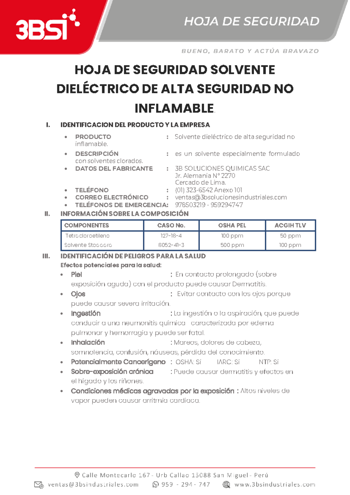 Hoja de Seguridad del Solvente Dieléctrico No Inflamable - ALTA Seguridad - Document Preview