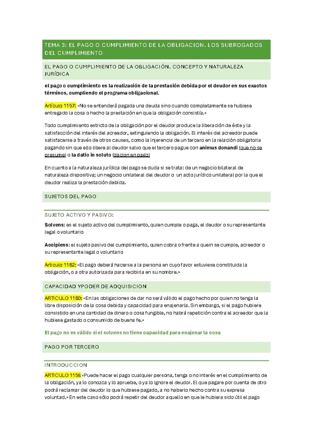 TEMA 3 Y 4: EL PAGO Y CUMPLIMIENTO DE OBLIGACIONES EN DERECHO CIVIL ...