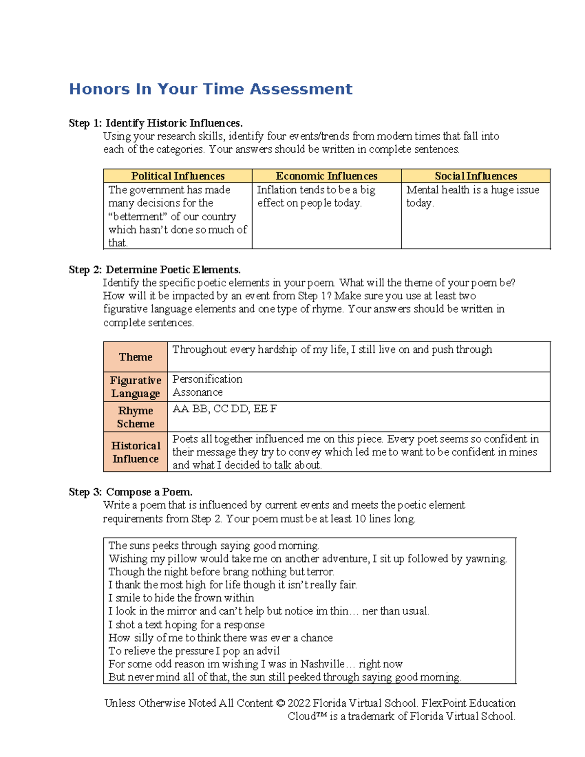 Honors Assessment: Analyzing Historical Influences and Poetic Elements ...