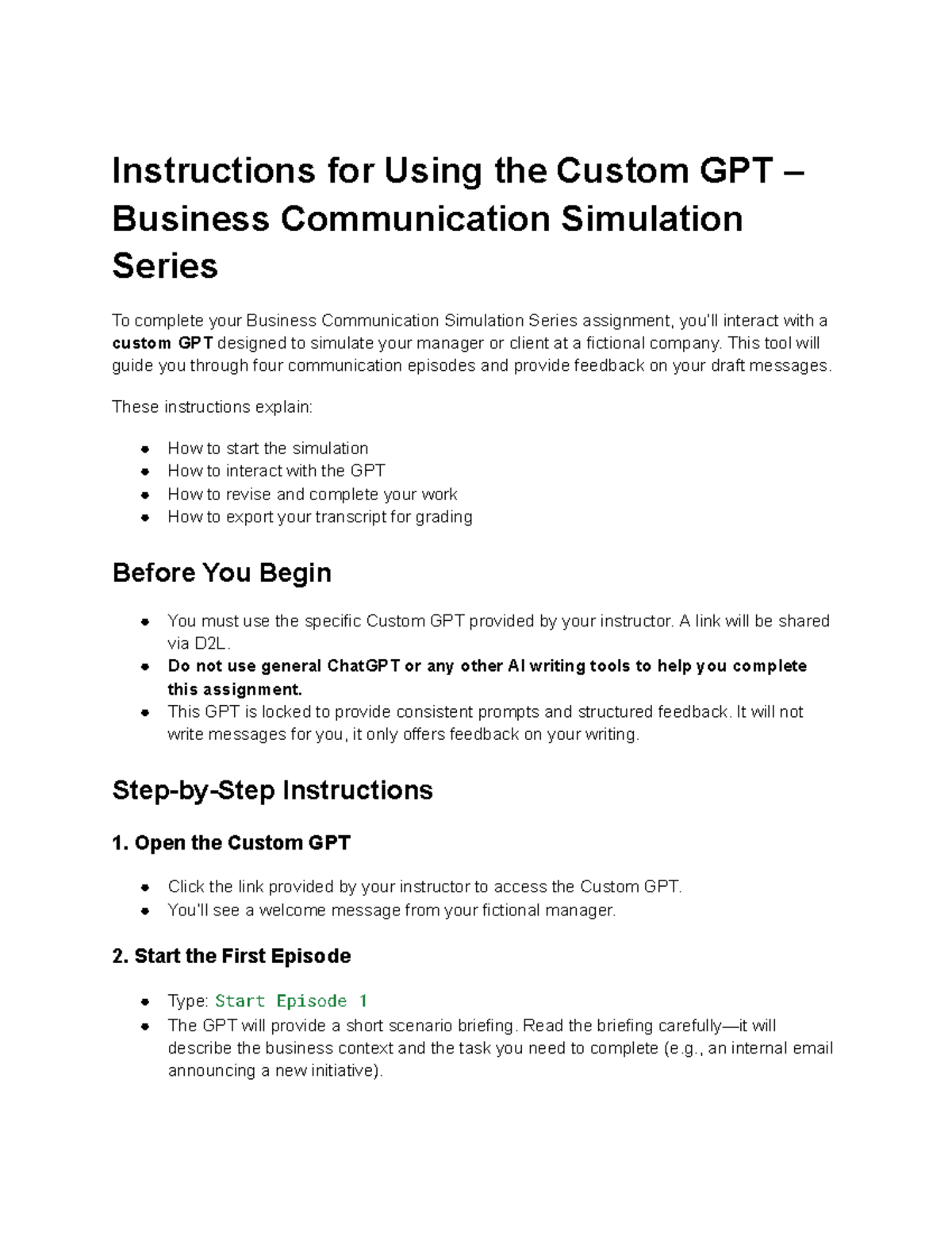 Instructions for Using Custom GPT in Business Comm Sim Series - Studocu