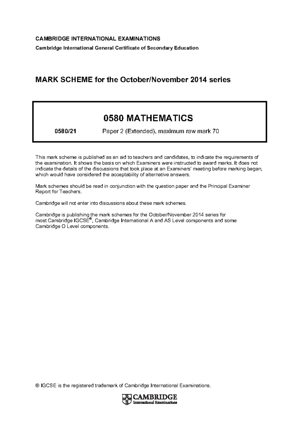 IGCSE 0580 Mathematics Paper 2 (Extended) Mark Scheme 2014 - Studocu