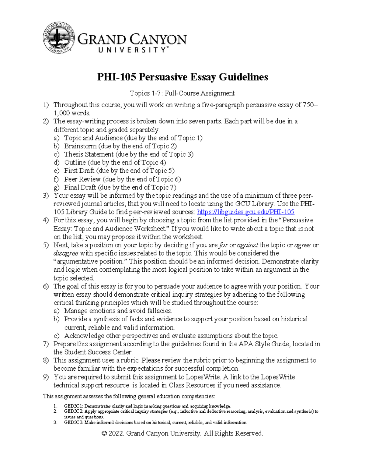 PHI-105 Persuasive Essay Writing Guidelines: Topics and Structure - Studocu