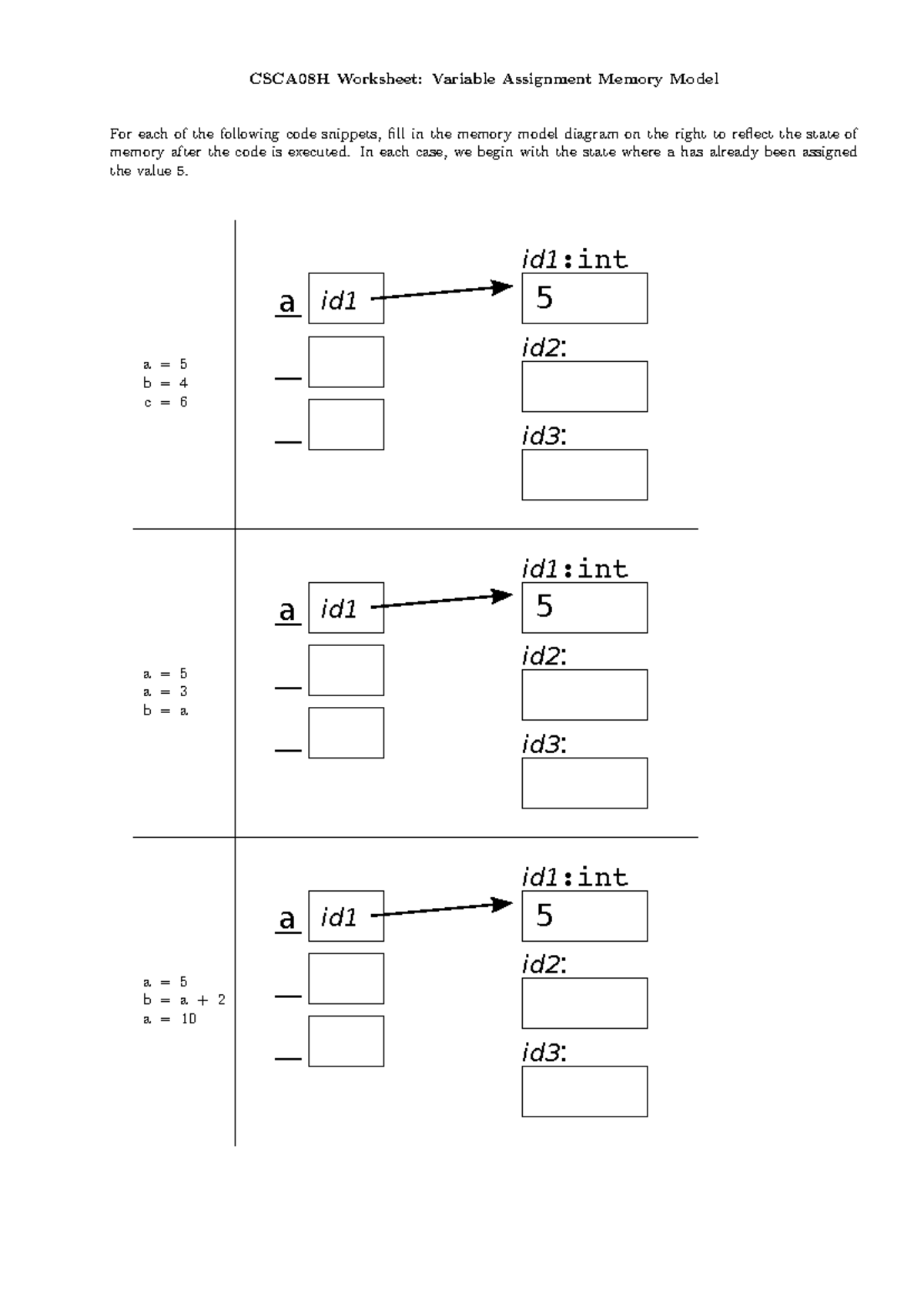 Variables memory model worksheet-1 - CSCA08H Worksheet: Variable ...