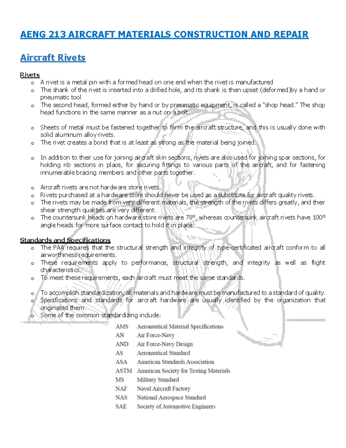 AENG 213 Finals: Aircraft Materials - Rivets, Standards, and ...