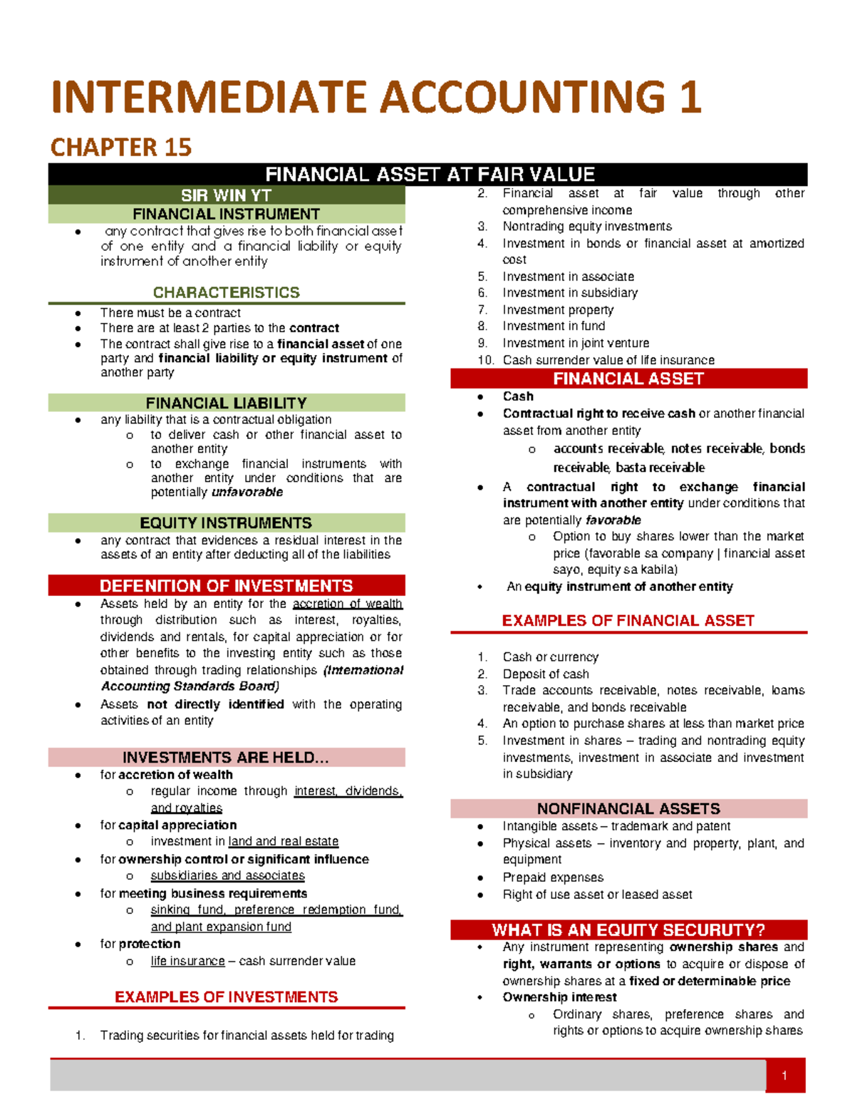 Intacc 1 - Chapter 15 & 16: Financial Assets & Equity Investments Notes ...