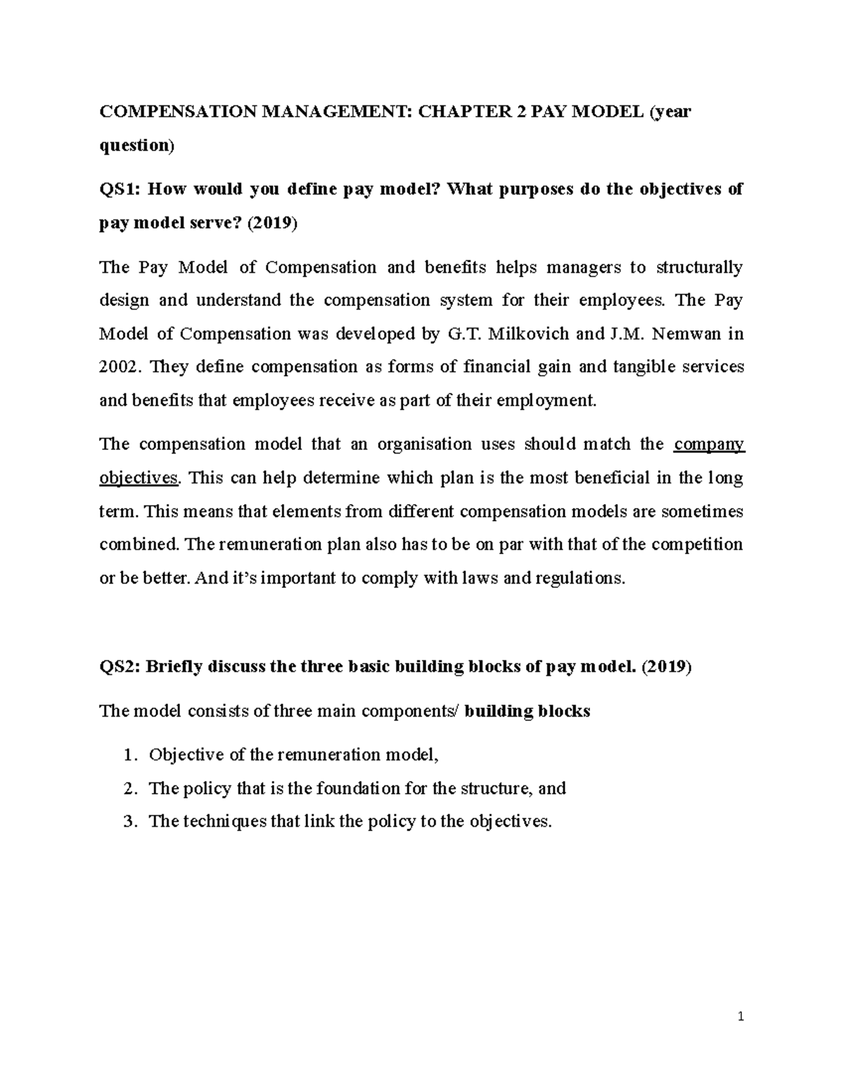 Compensation CH2: Understanding the Pay Model and Its Components - Studocu