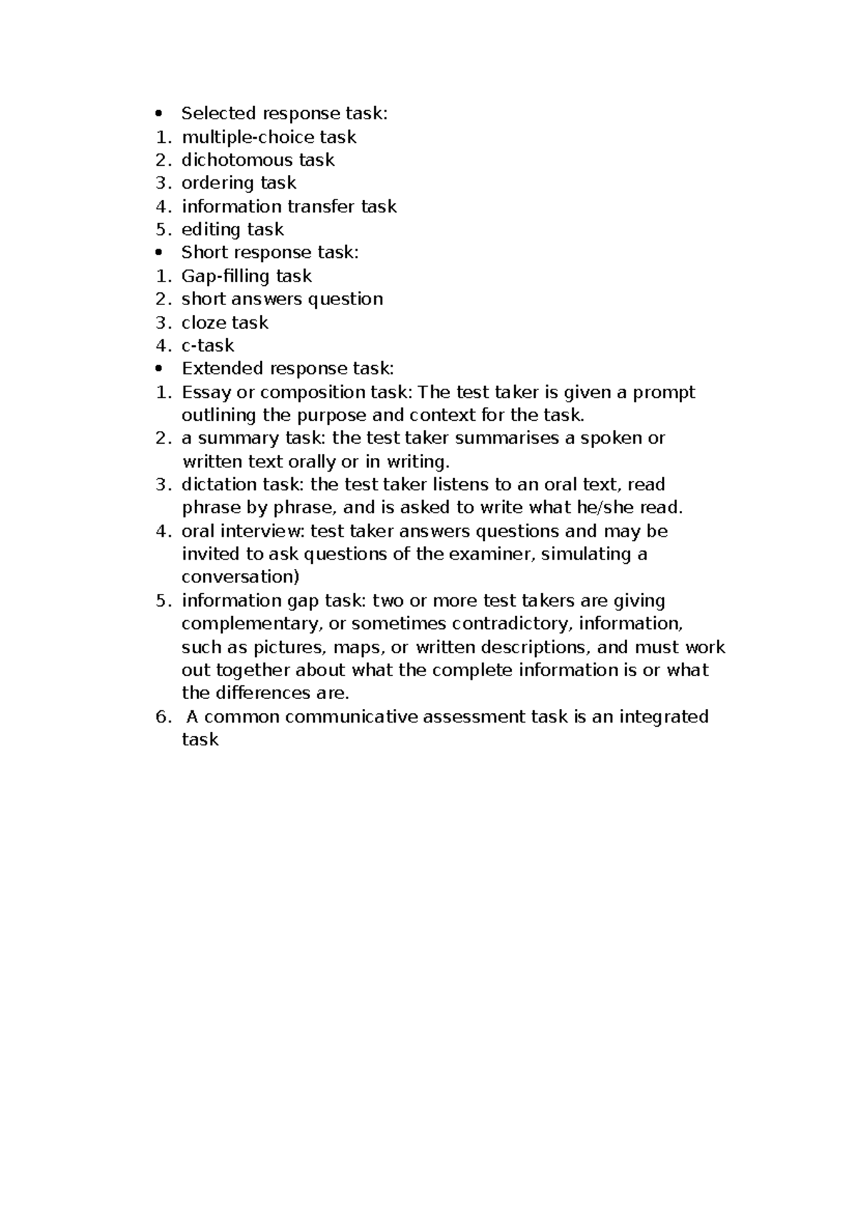 Language tasks summary - Selected response task: multiple-choice task ...
