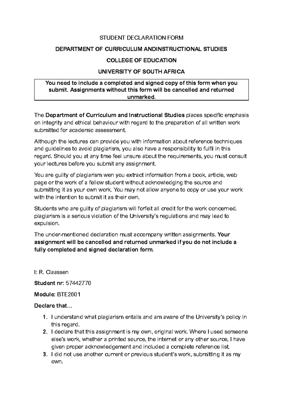 BTE2601 Assignment 3: Student Declaration & Plagiarism Guidelines - Studocu