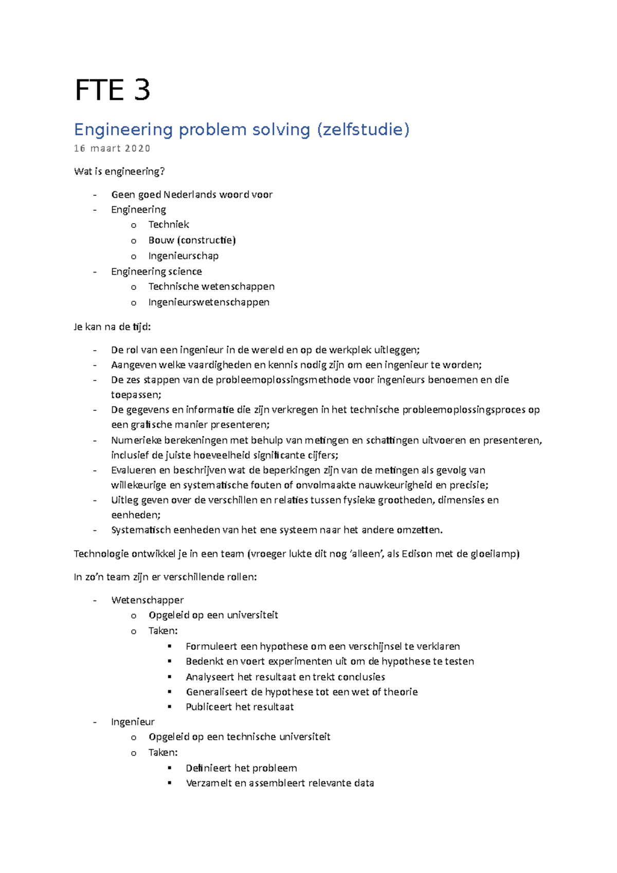 FTE3 - Engineering Problem Solving Notes and Techniques - Studeersnel