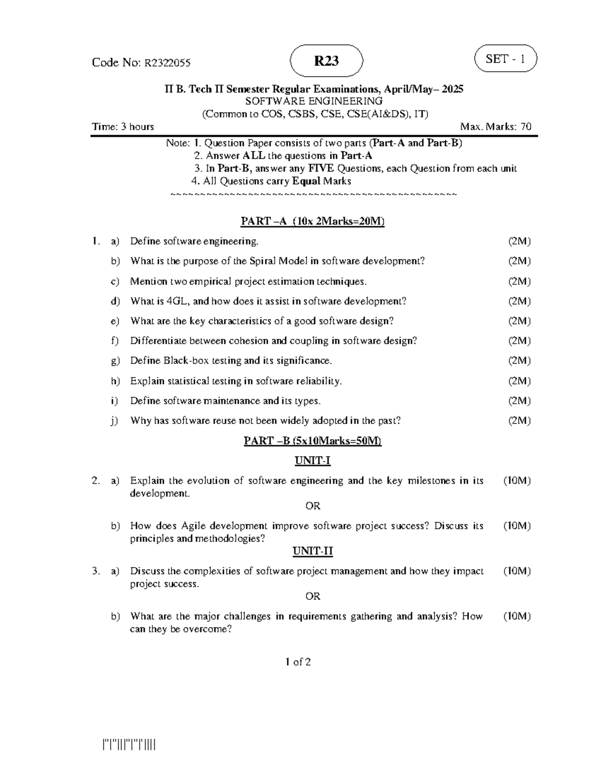 Software Engineering R23 II B. Tech II Sem Regular Exam 2025 - Question ...