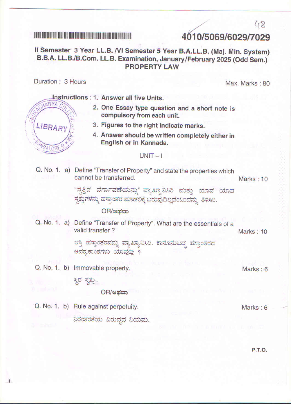 Property Law Exam Paper - LL.B. II Sem. (2025) - 80 Marks - Studocu