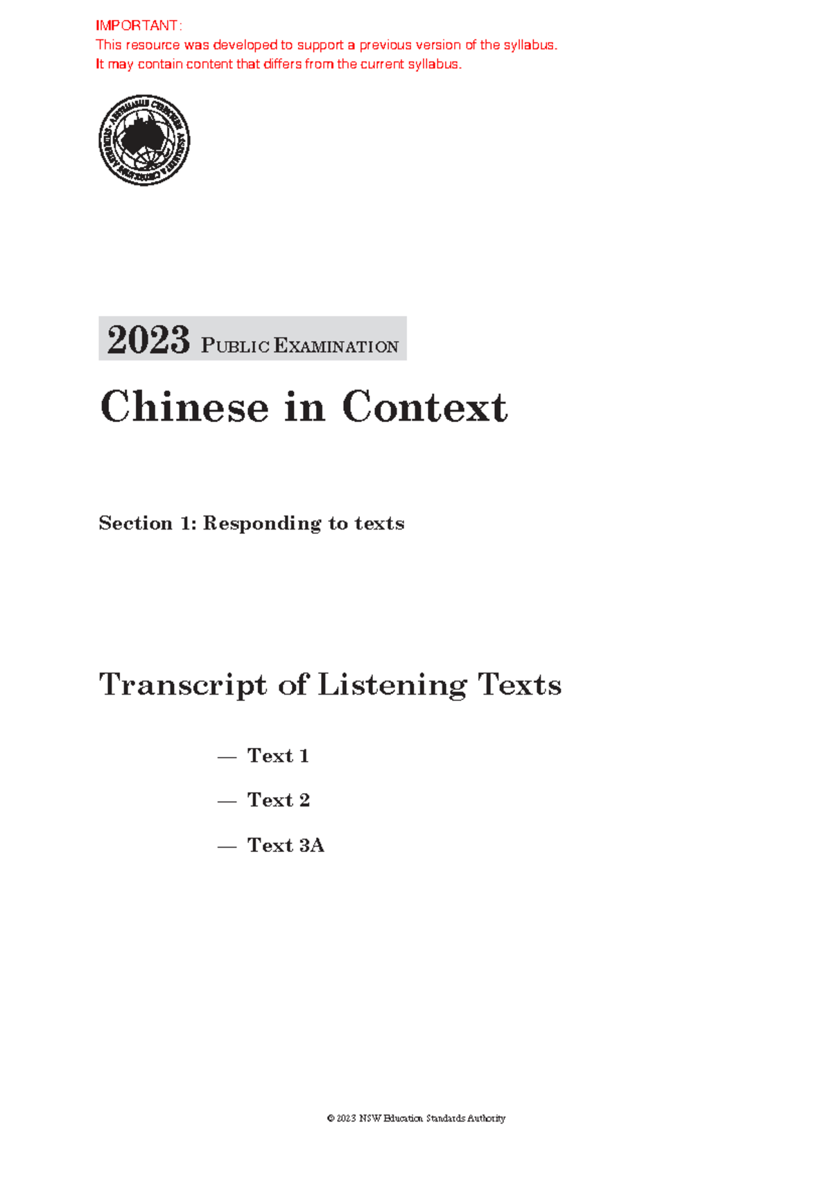 2023 Chinese in Context Transcript - © 2023 NSW Education Standards ...