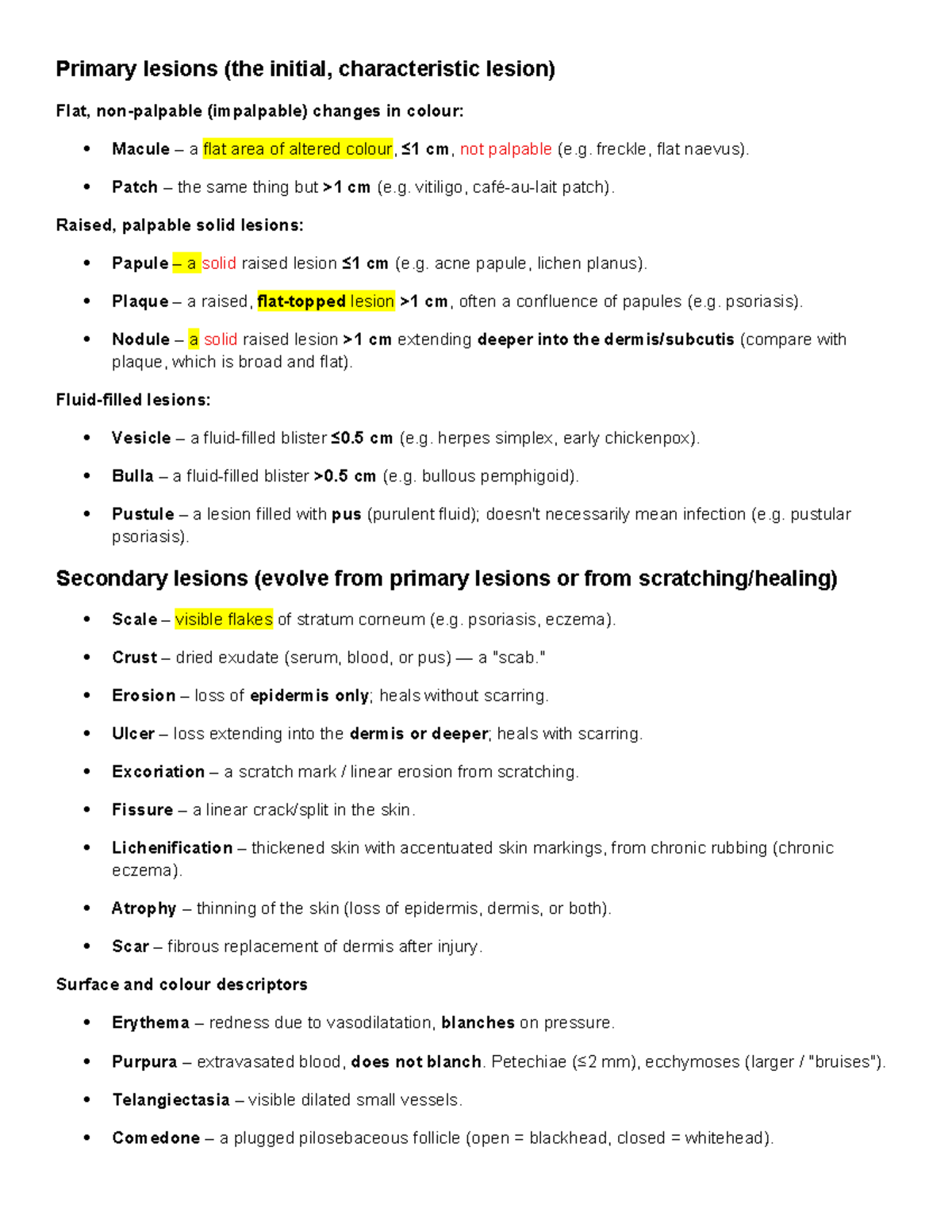 Primary Lesions Overview - Dermatology Notes - Studocu