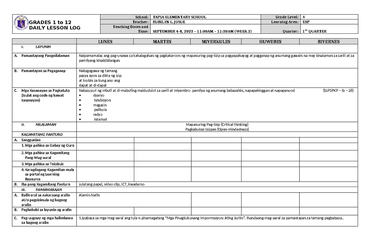 DLL ESP-5 Q1 W2-1 - LESSON PLAN - GRADES 1 to 12 DAILY LESSON LOG ...