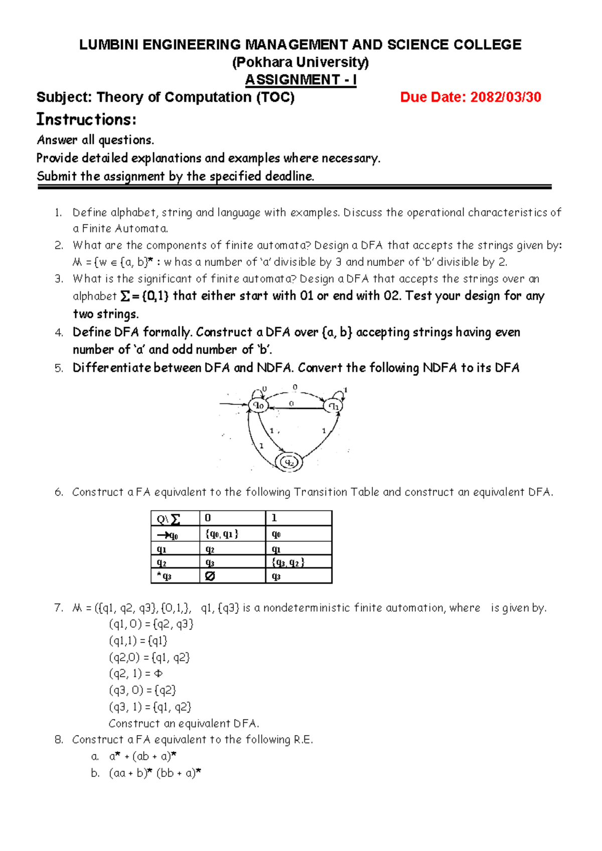 TOC Assignment I: Theory of Computation Overview and DFA Design - Studocu