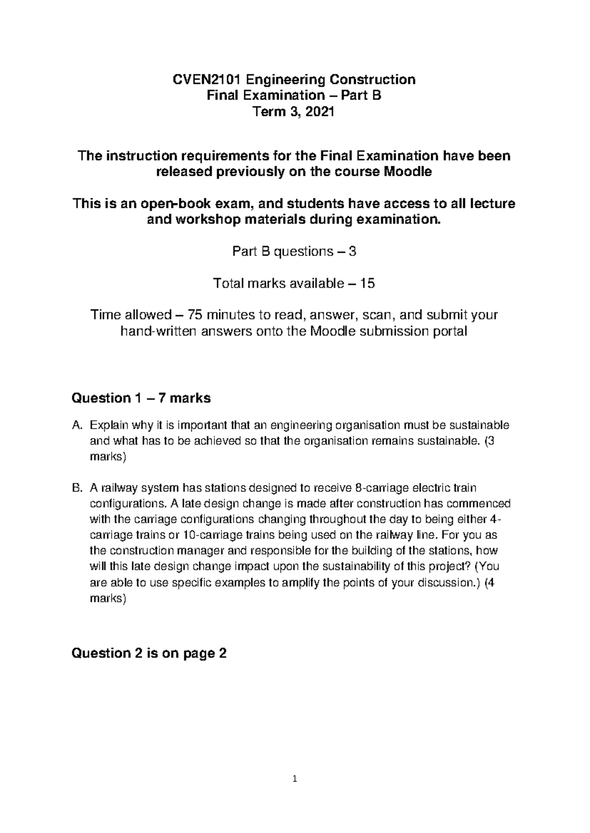 CVEN2101 Engineering Construction Final Exam Part B Term 3, 2021 - Studocu
