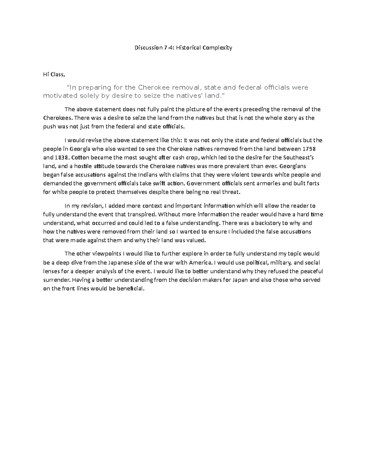 HIS 200 - Discussion Board 7 Historical Complexity