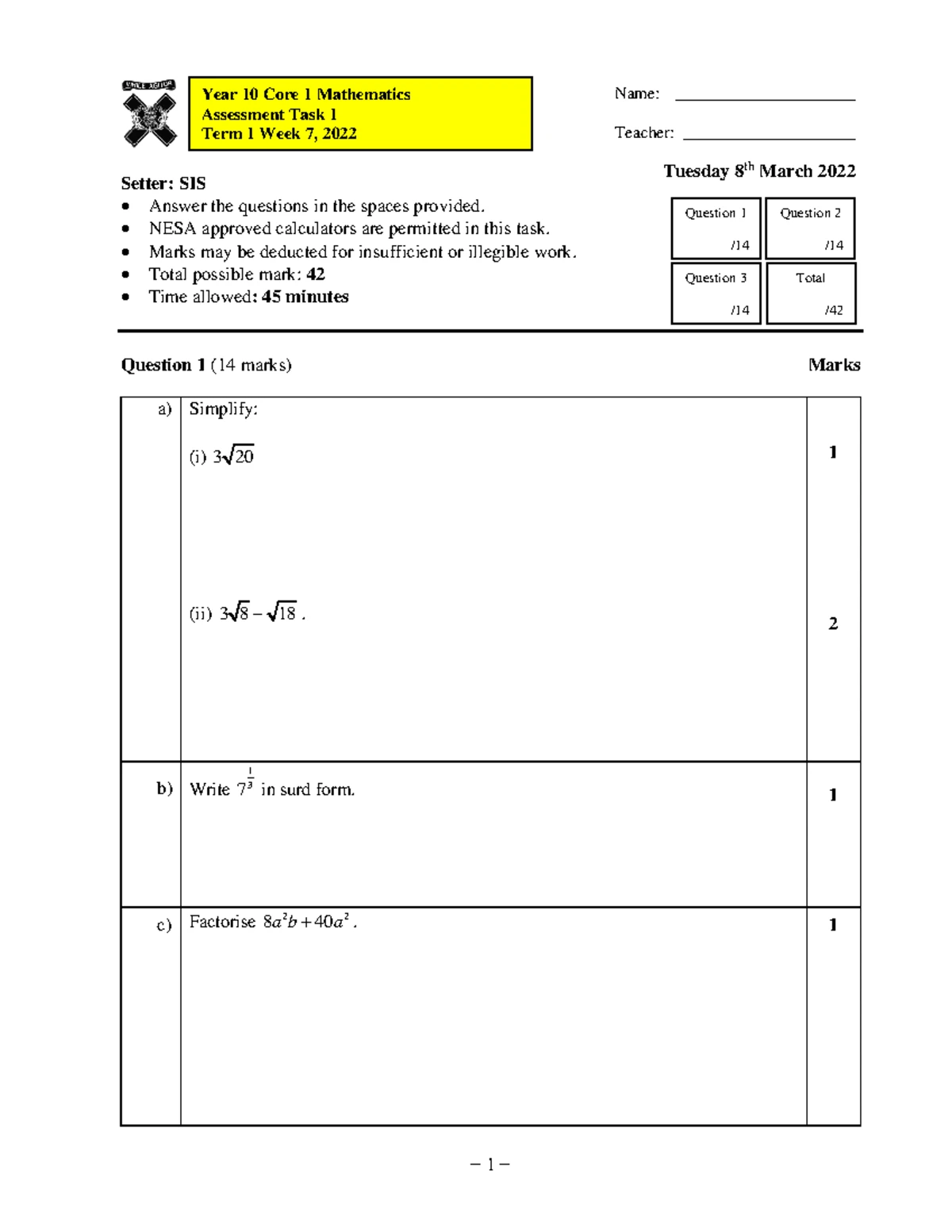 2024 Y10 Core 1 Assessment Task 3 Notification: Quadratics & Trig - Studocu