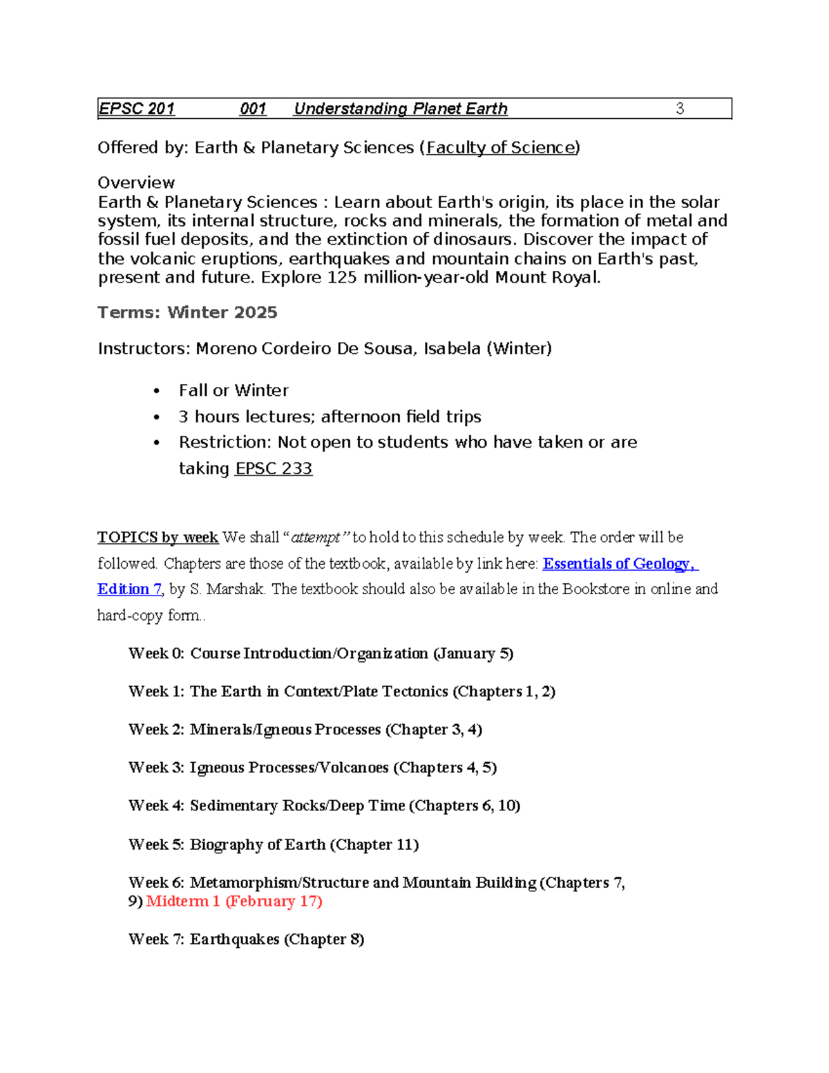 EPSC 201 001 Syllabus: Understanding Planet Earth 3 (Winter 2025) - Studocu