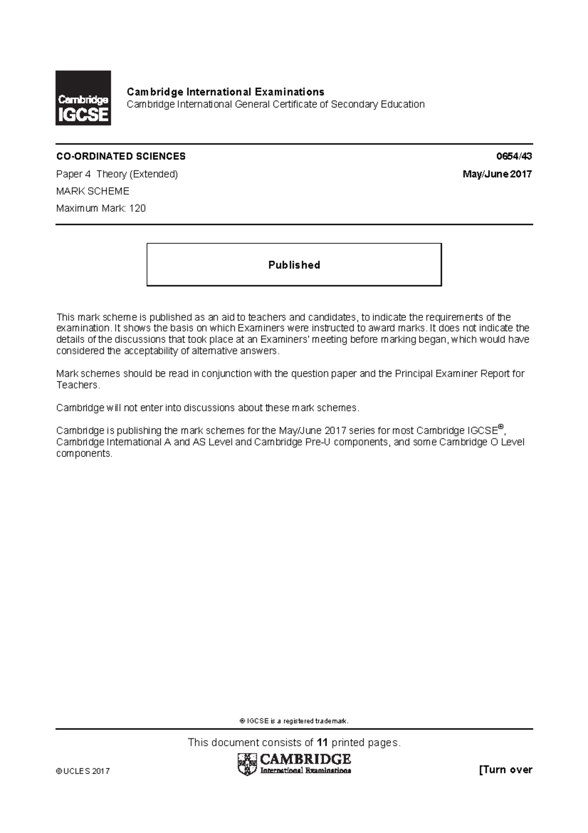IGCSE Co-ordinated Sciences 0654 Paper 4 Mark Scheme May/June 2017 ...