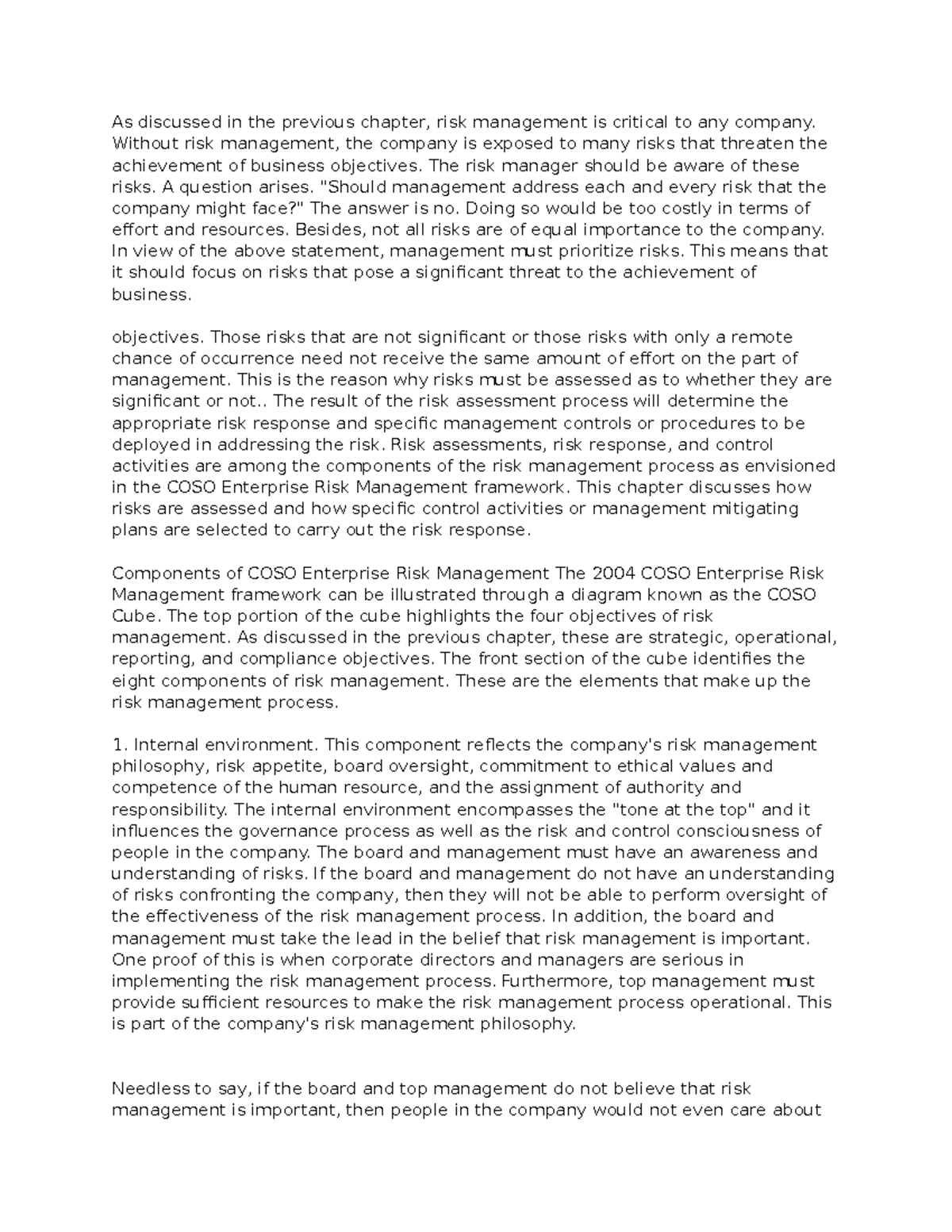 Gbermic - Essay on Risk Management and COSO Framework Components - Studocu