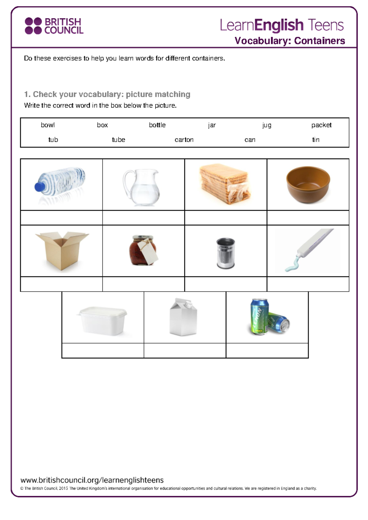 Container Vocabulary Exercises: Matching Exercise - Studocu