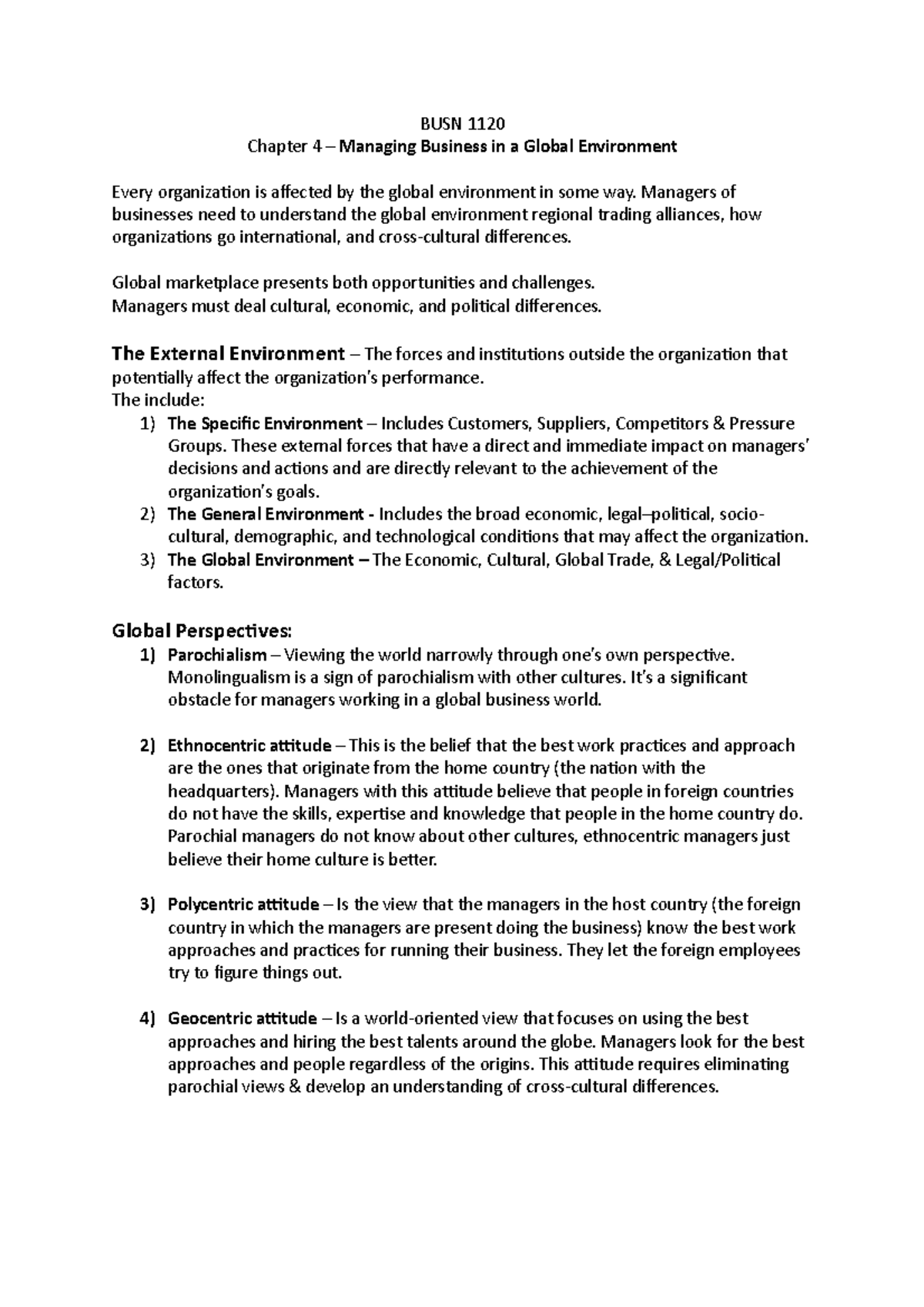 BUSN 1210 - Chapter 4 - BUSN 1120 Chapter 4 – Managing Business in a ...