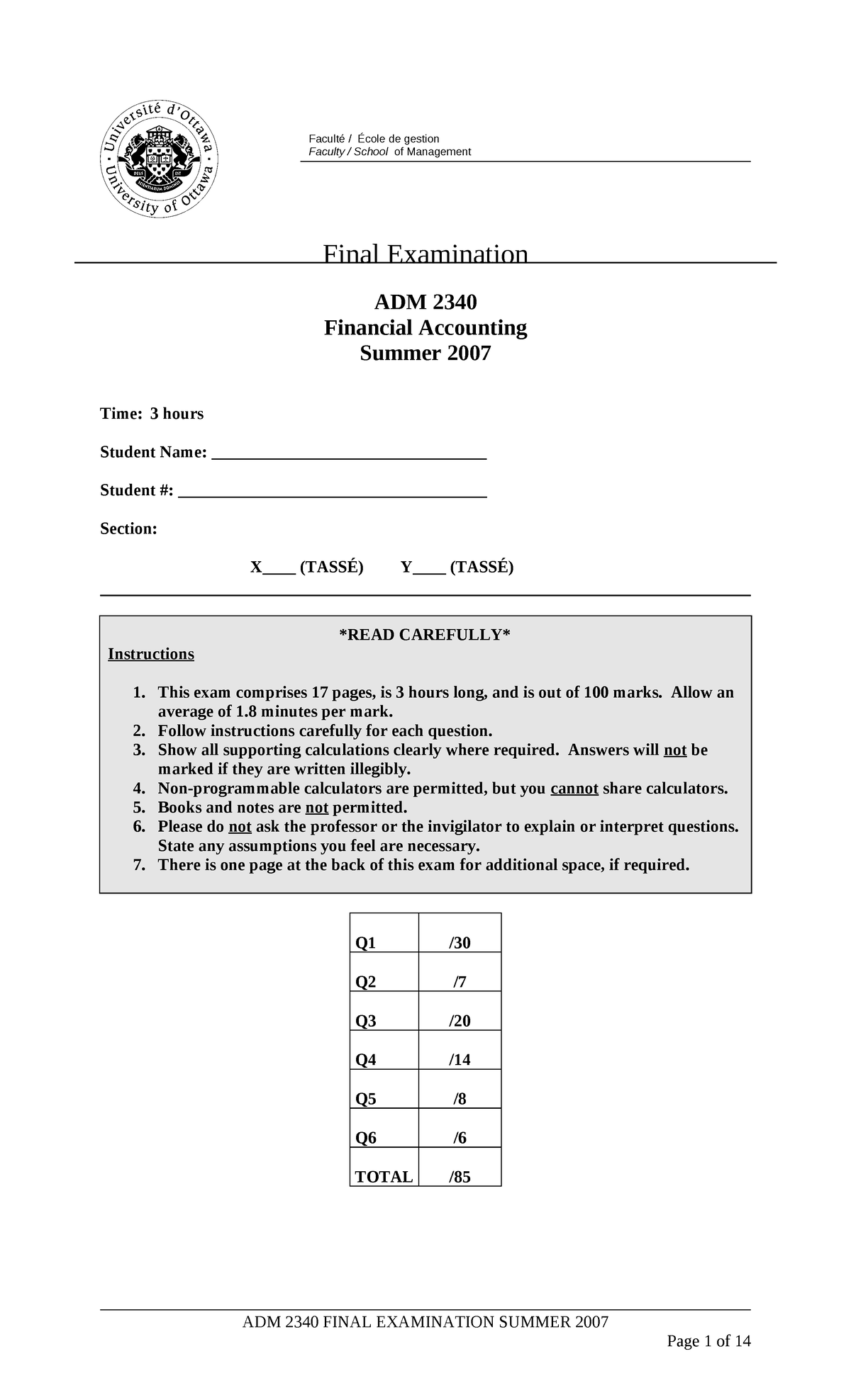 Financial Accounting Final Exam Solutions - ADM1340 - uOttawa - Studocu