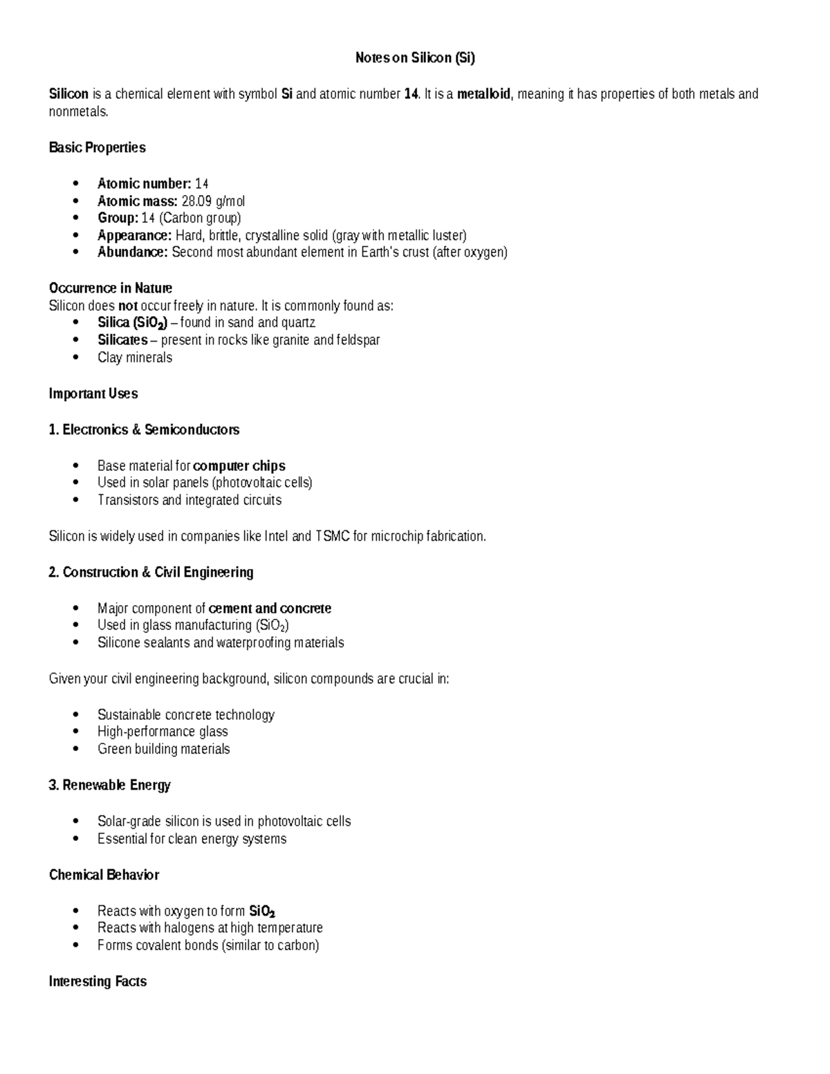 Lecture Notes on Silicon (Si): Properties, Uses, and Reactions - Studocu