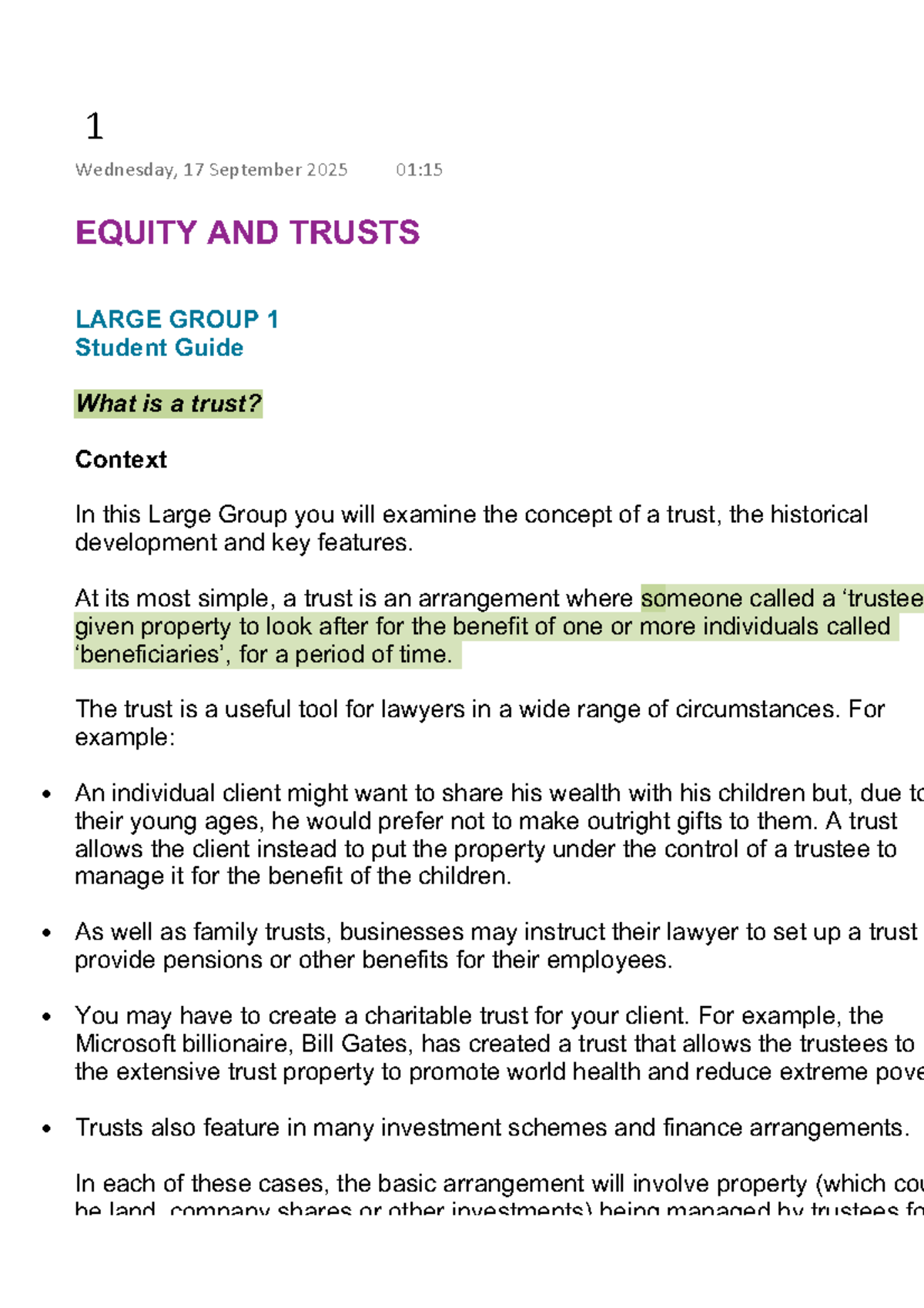 Equity and Trusts: Large Group 1 Student Guide - Studocu