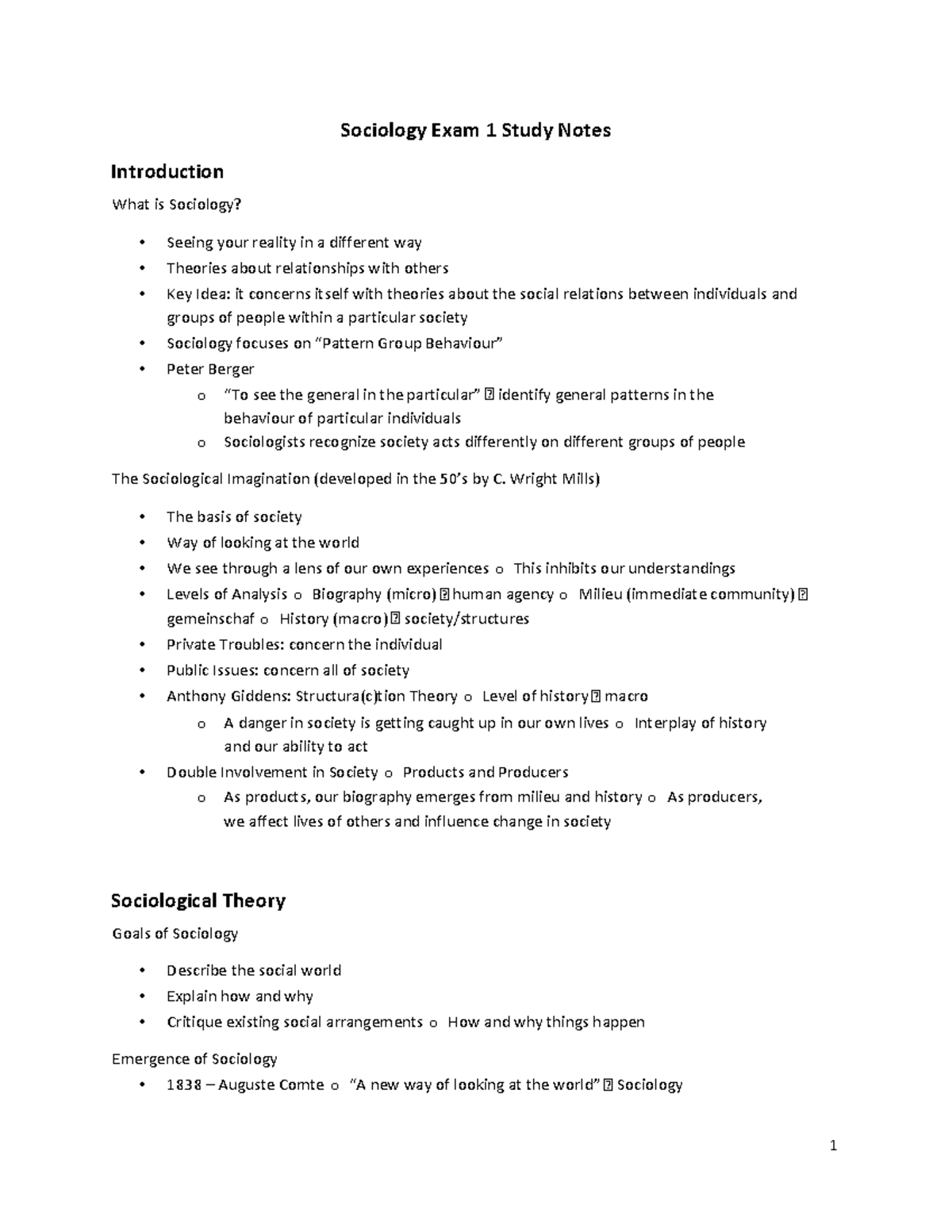 Sociology 101 Exam 1 Study Notes: Key Concepts and Theories - Studocu