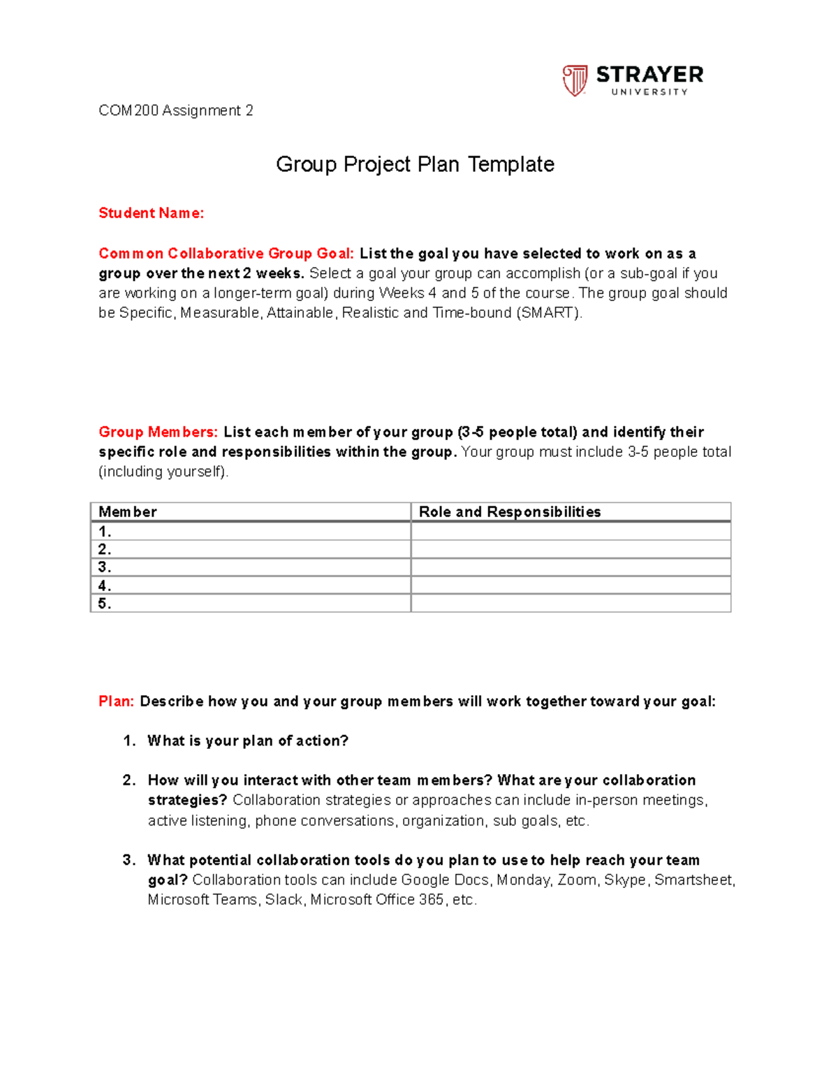 COM200 Group Project Plan Template for Collaborative Success - Studocu
