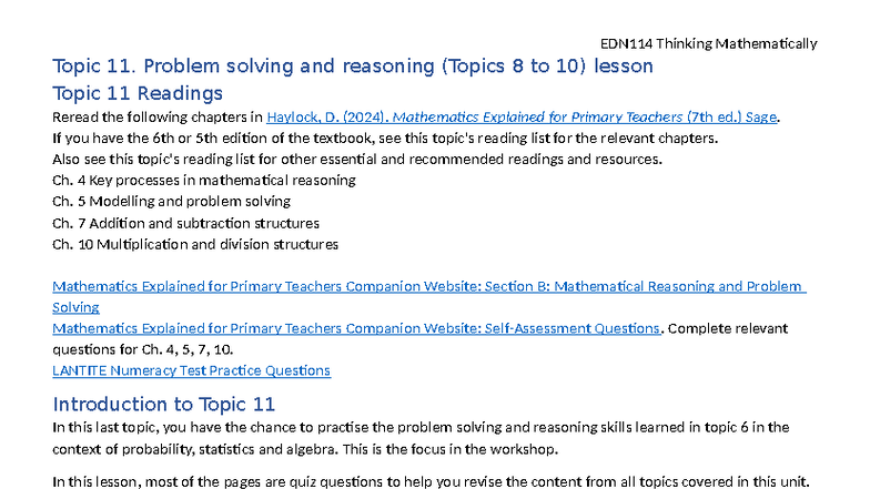 EDN114 Thinking Mathematically: Topic 11 Problem Solving & Reasoning Lesson - Studocu