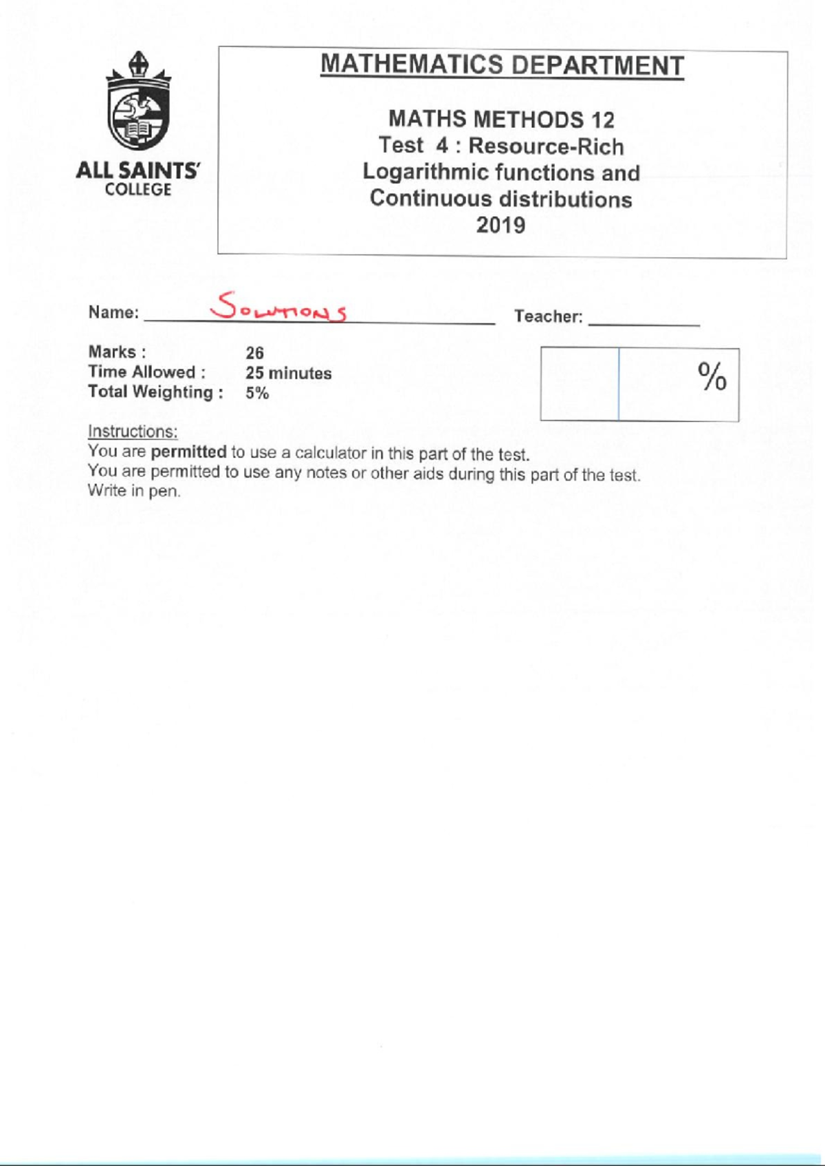 ASC Meth 2019 Test 4 CA Logarithmic Functions and Continuous ...
