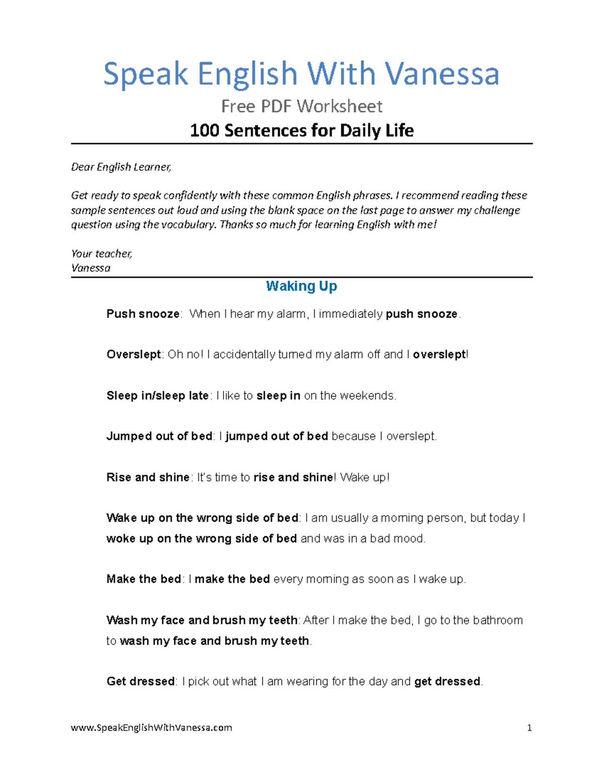 3 100 Daily Routine Sentences Speak English With Vanessa - Speak ...