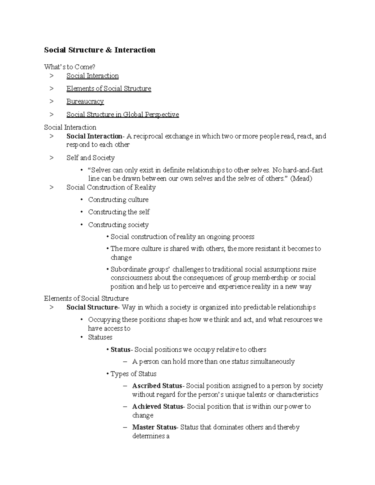 SOC 101 Ch. 5 Social Structure & Interaction - Social Structure ...