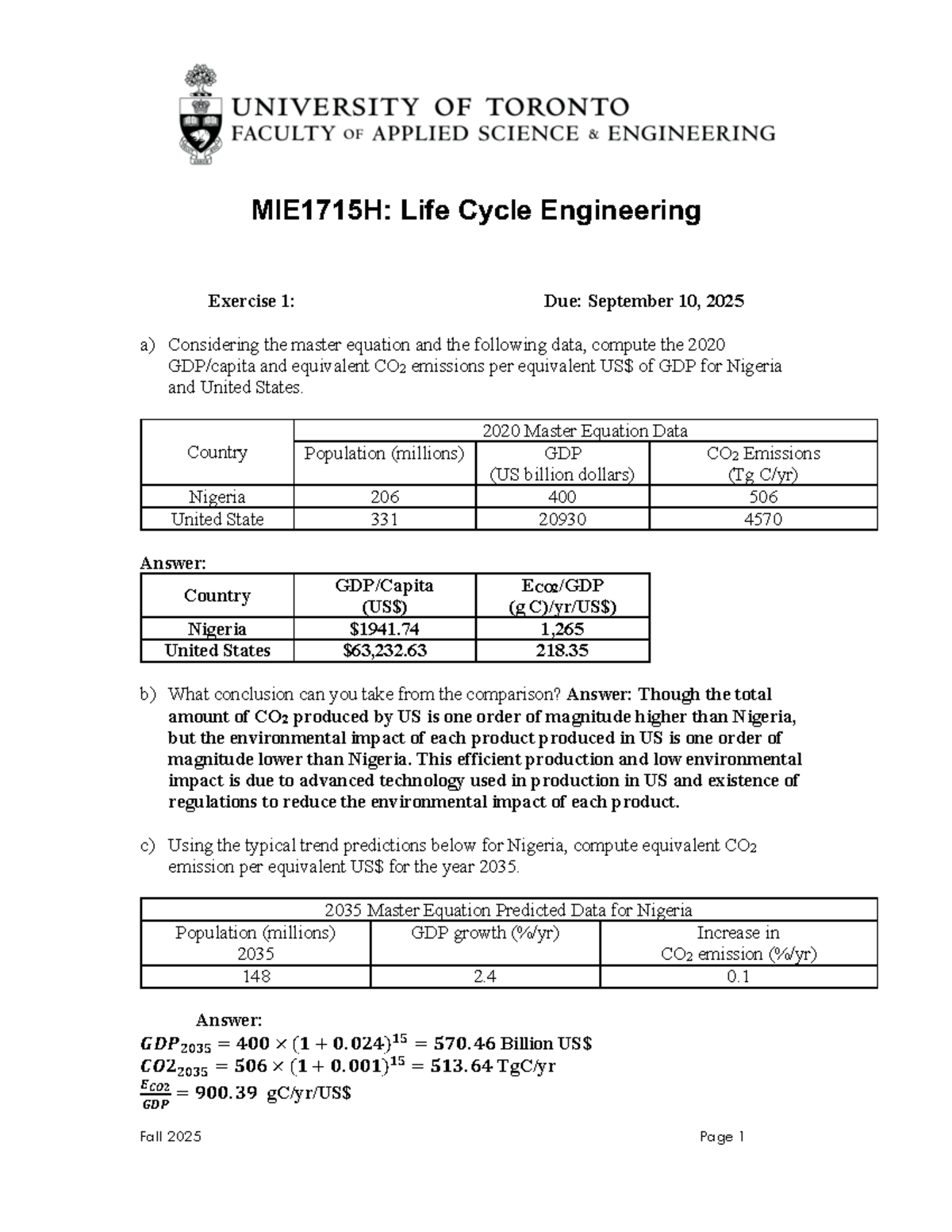 MIE1715H: Life Cycle Engineering Exercise 1 Solutions and Analysis ...
