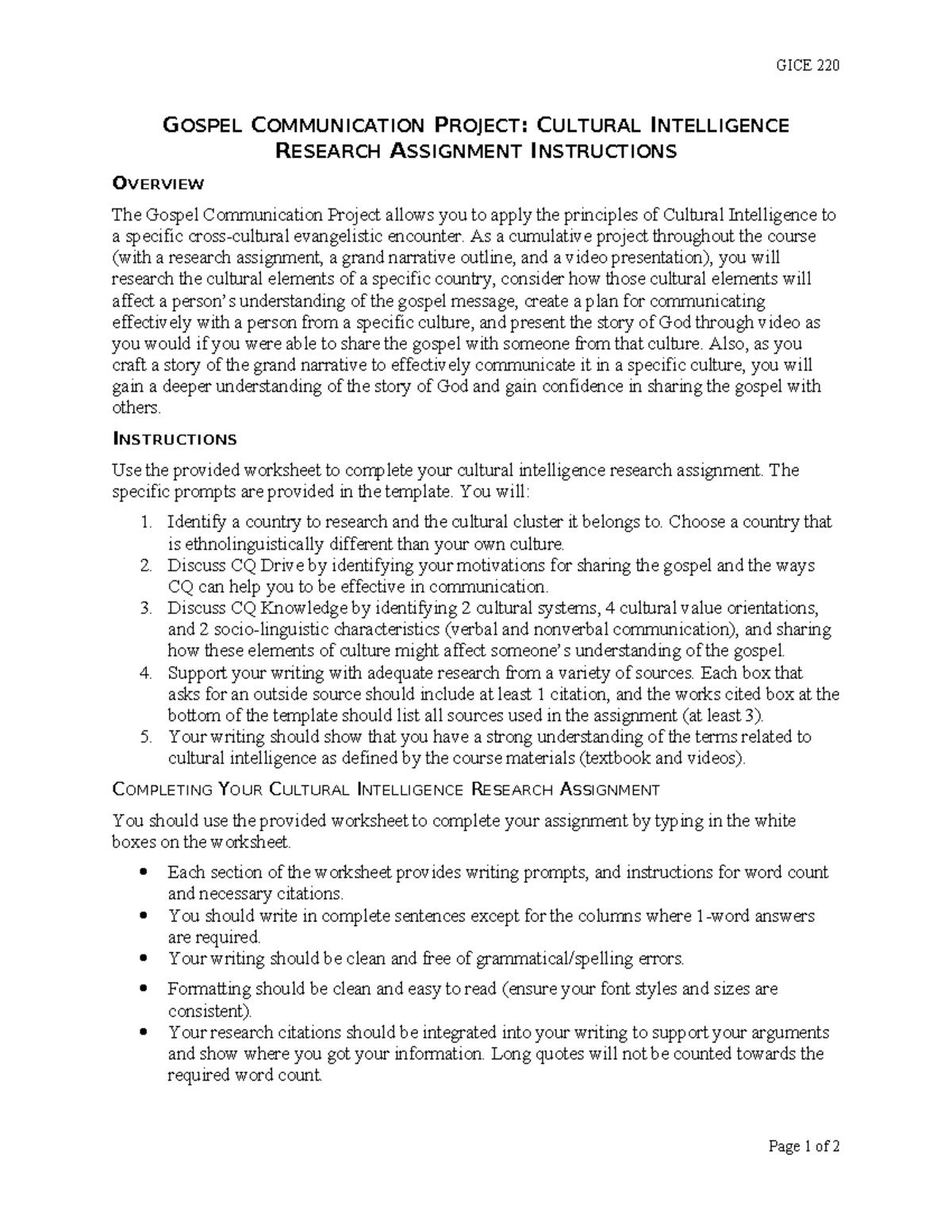 GICE 220 Gospel Communication Project: Cultural Intelligence Research ...