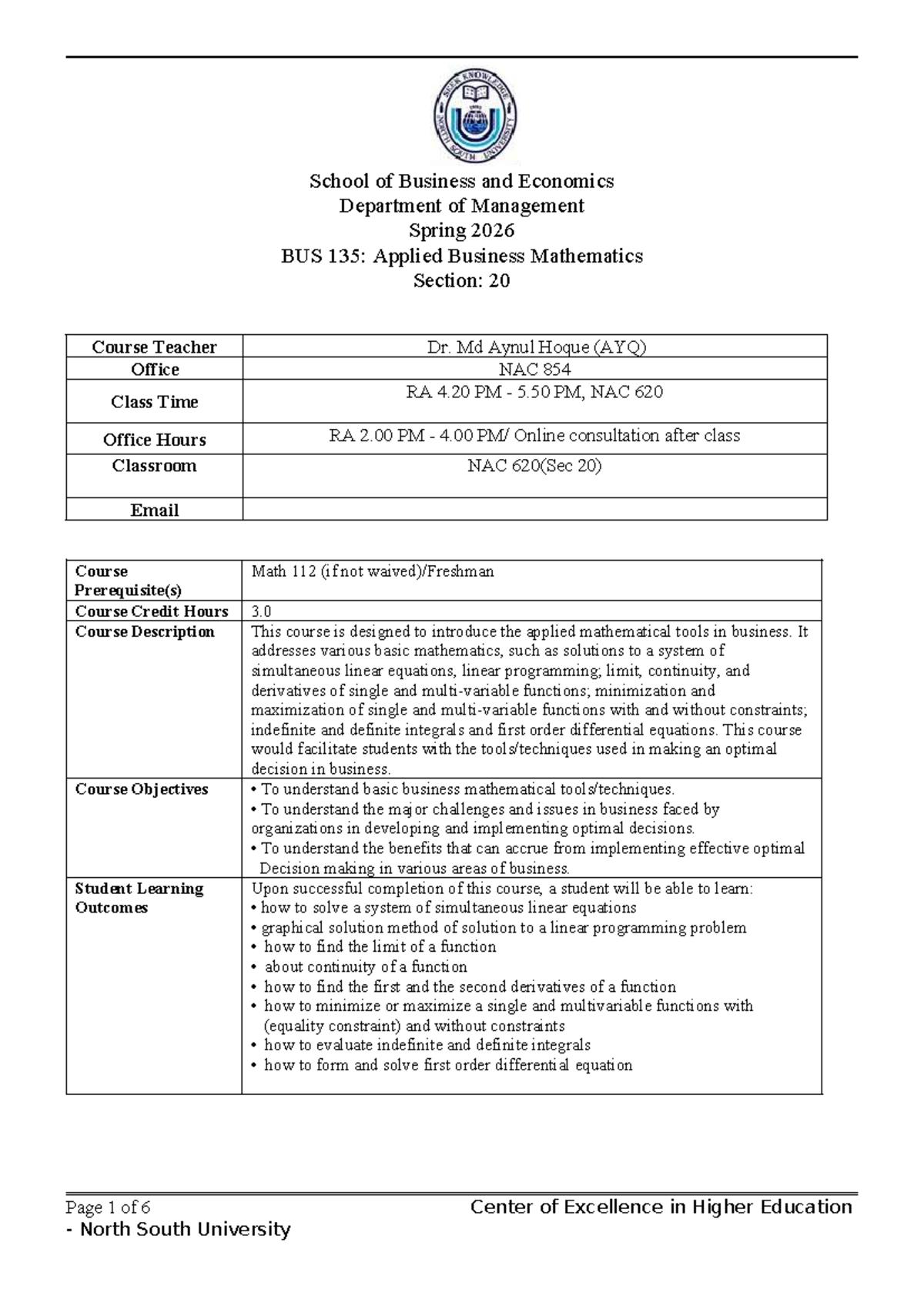 BUS 135: Applied Business Mathematics Course Outline - Spring 2026 ...
