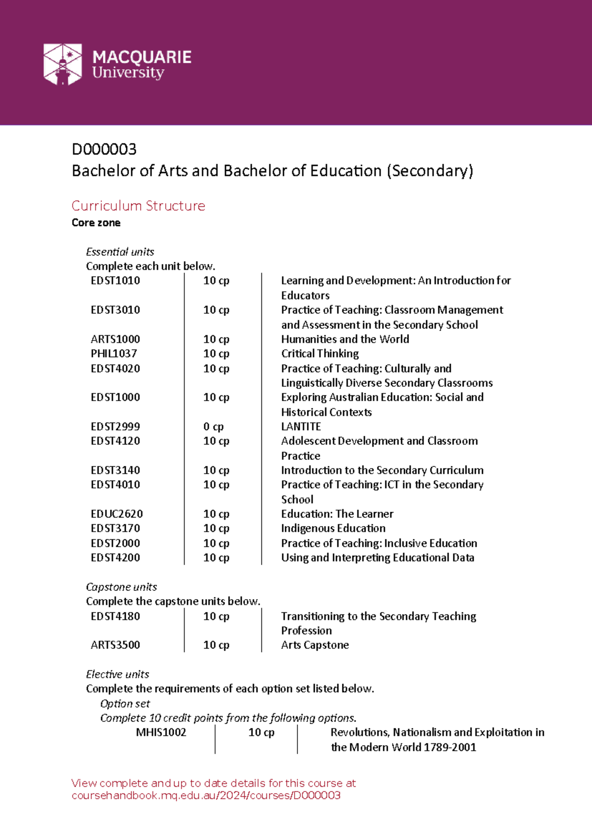 Bachelor of Arts & Education (Secondary) Curriculum Structure EDST1010 ...