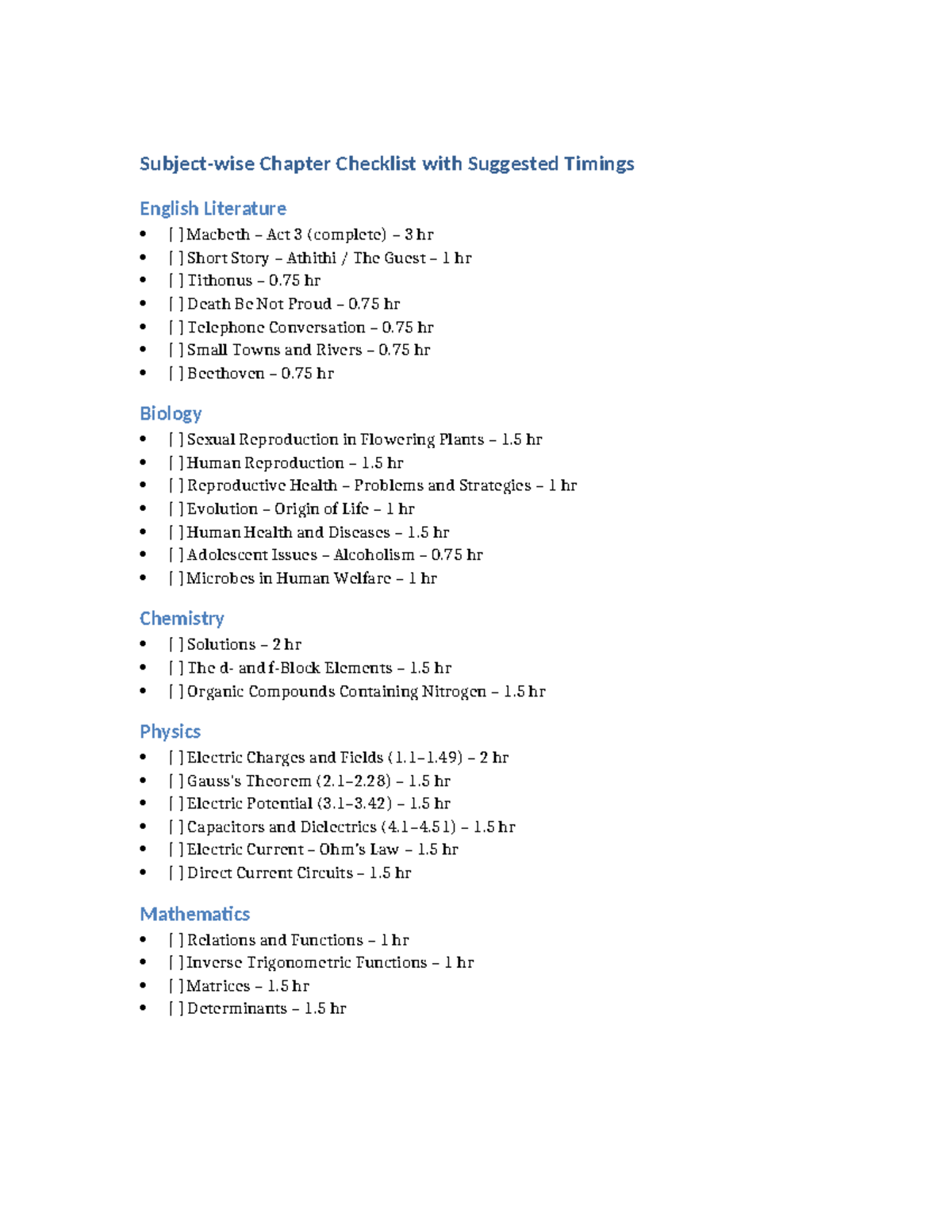 ISC Chapter Checklist with Suggested Timings for Literature & Science ...