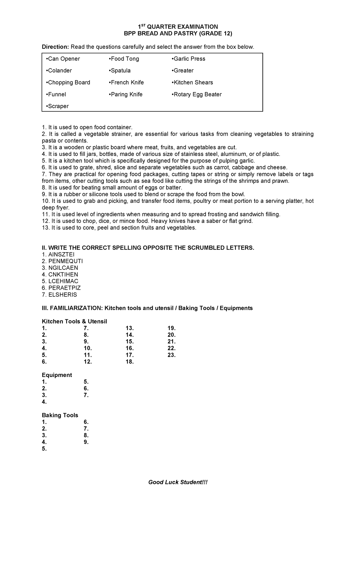 CHAN Cookery GR12 1ST Quarter Exam Review and Study Guide - Studocu