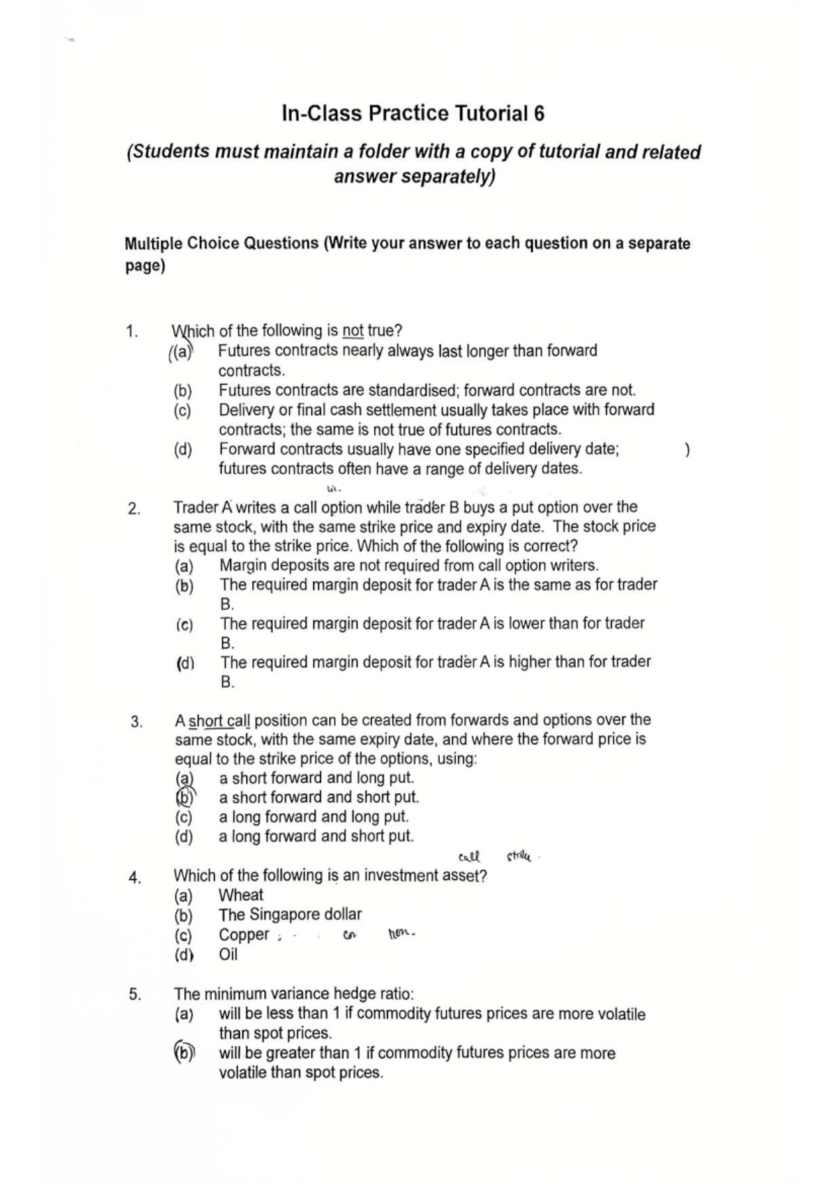 Practice Tutorial 6: Multiple Choice Questions on Futures and Options ...