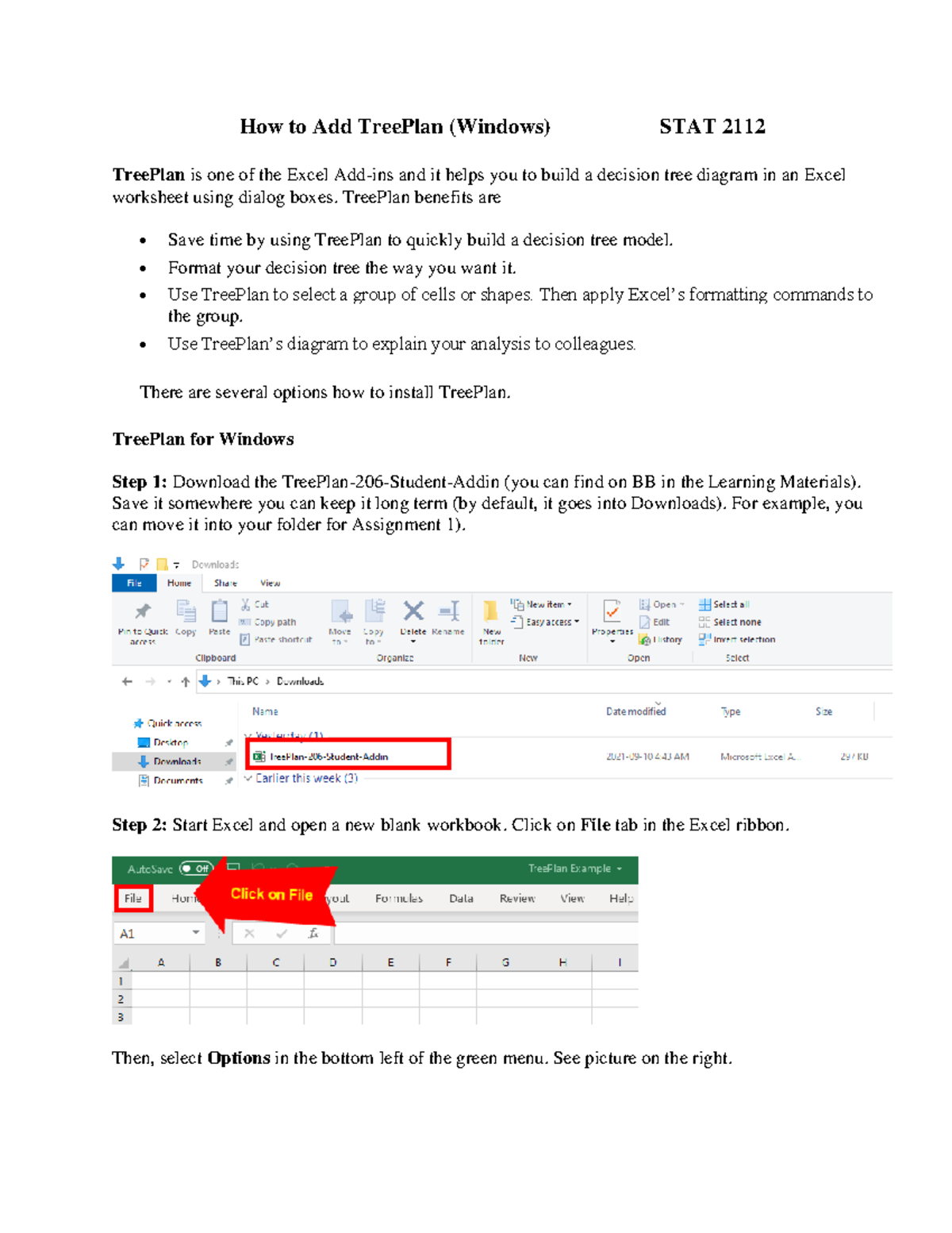 Installing TreePlan Add-In for Excel (STAT 2112) - Studocu