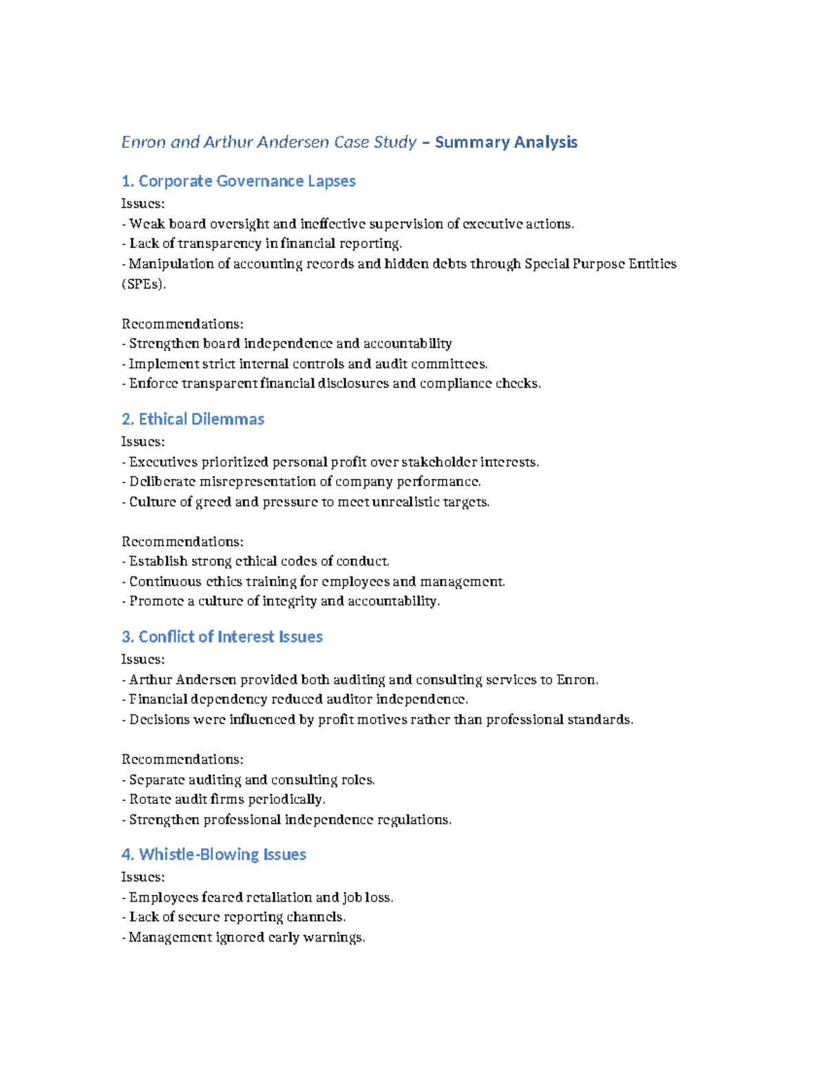 Enron & Arthur Andersen Case Study Summary Analysis - Studocu