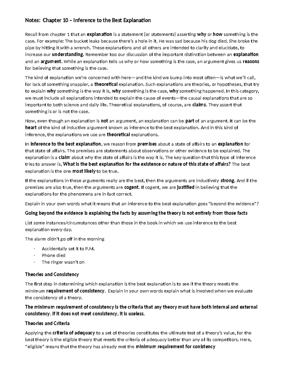 Notes on Inference to the Best Explanation - Chapter 10 002743131 - Studocu