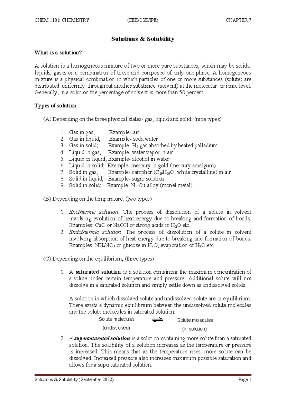 CHEM 1101: CHAPTER 7 Solutions, Solubility & Gas Laws Notes - Studocu
