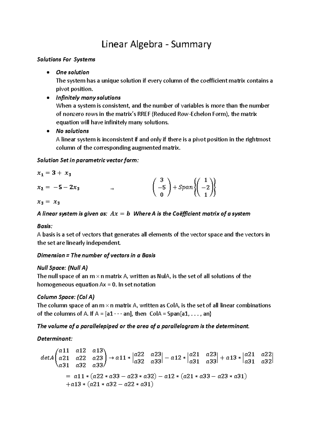 Linear Algebra (MATH 101) Summary Notes and Solutions - Studeersnel