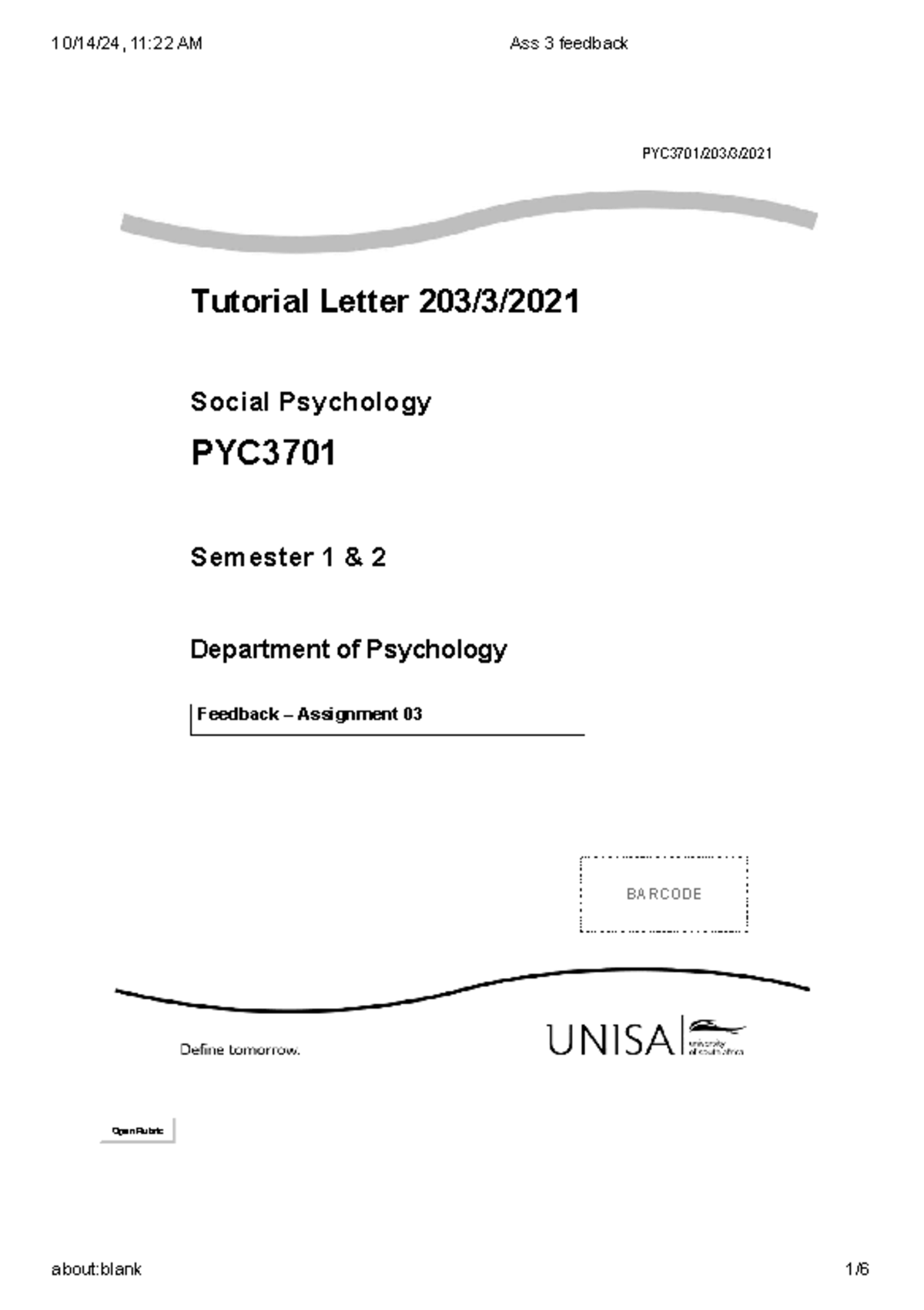 2021 sem 1 ass 3 feedback - PYC3701/203/3/ Tutorial Letter 203/3/ 2021 ...