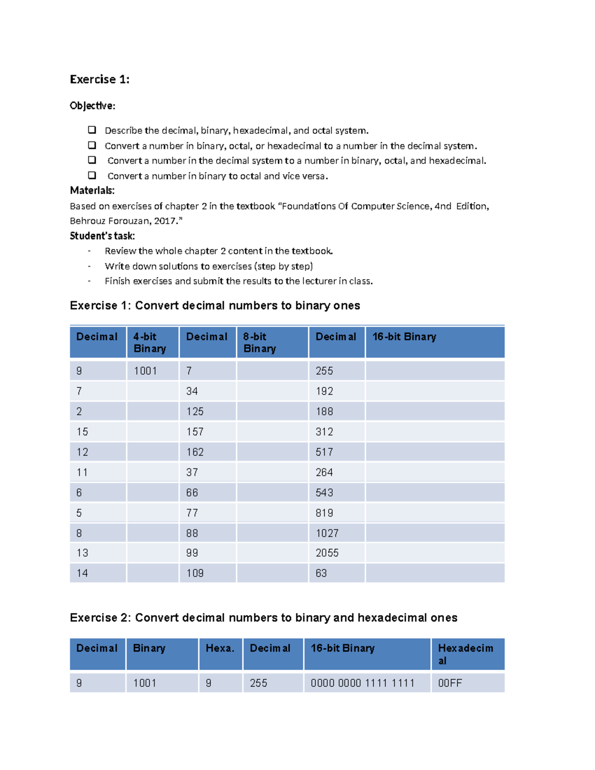 Exercise 1 - Decimal to Binary Conversion for CS 101 - Studocu